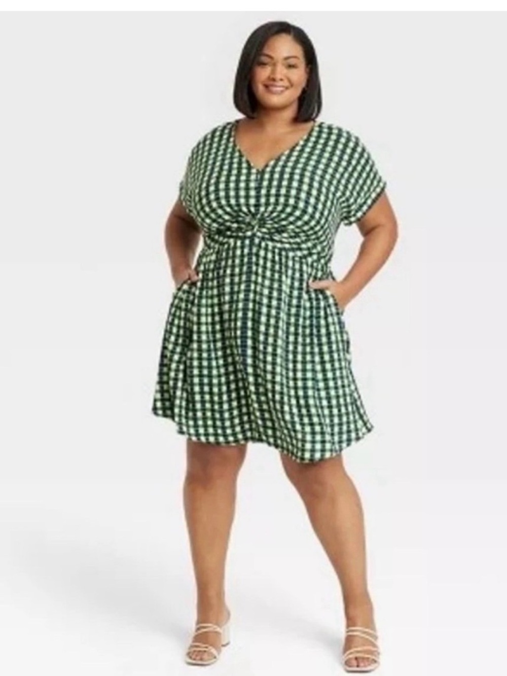 NWT Ava & Viv (2X) Green, Black and Cream Gingham Wrap Dress